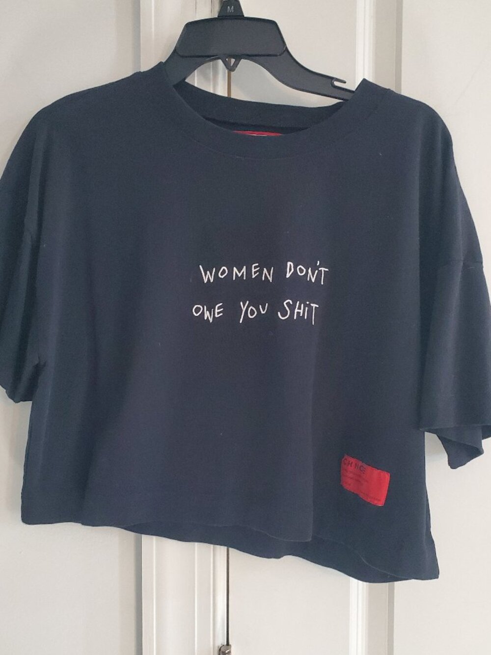 CHNGE Women's Don't Owe You Sht Crew Short Drop Sleeve Boxy Crop
